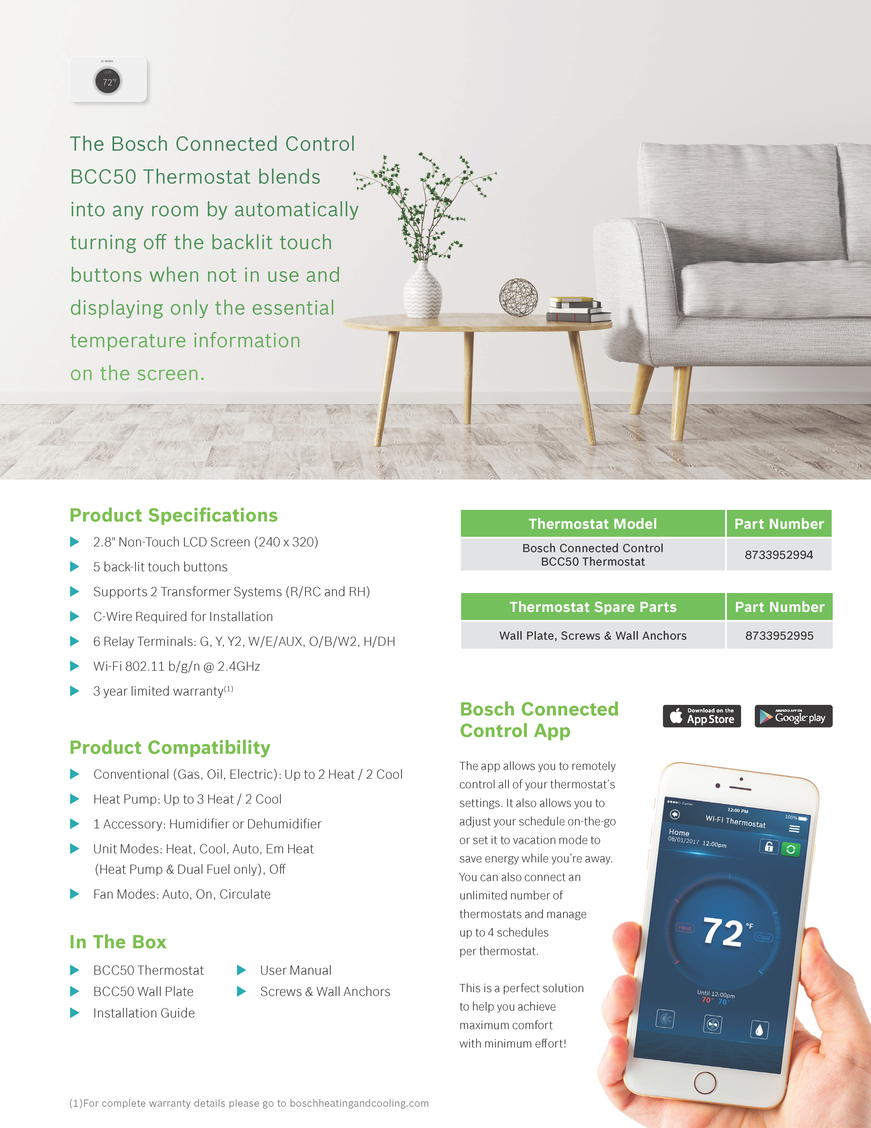 Bosch WiFi Touchscreen 3H/2C Thermostat, BCC50